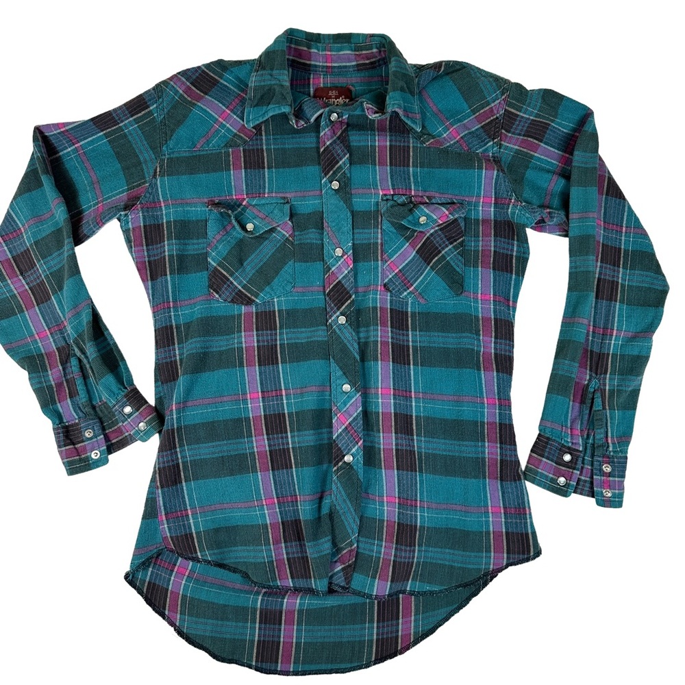 Wrangler flannel long‎ sleeve plaid turquoise pink Teal and Pink western 90s